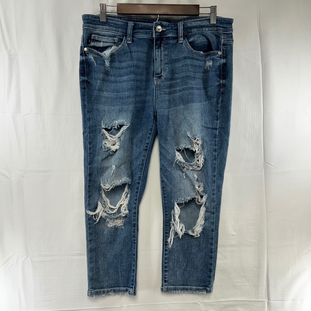 Judy Blue Skinny Fit Capri Jeans Womens 15/32 Blue‎ Distressed Destroyed Raw Hem